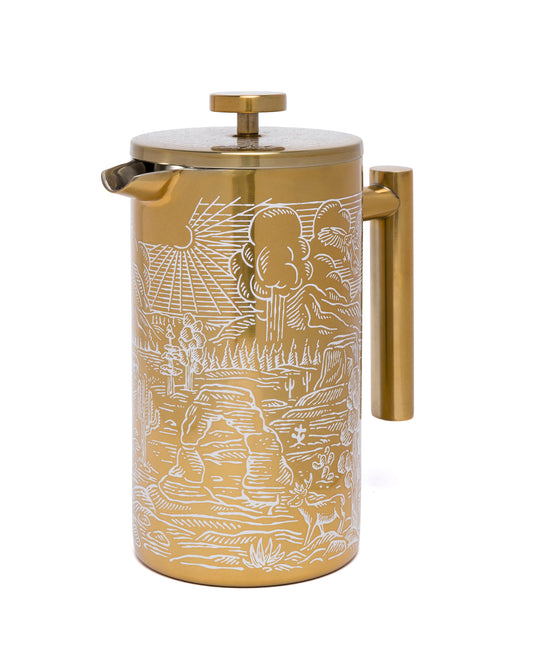 Brass French Press With Designs Inspired By National Parks | bronze