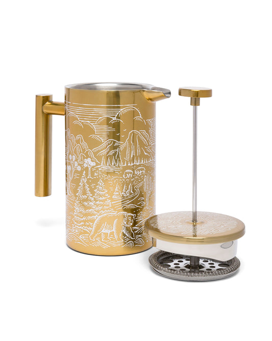 Brass French Press With Designs Inspired By National Parks | bronze