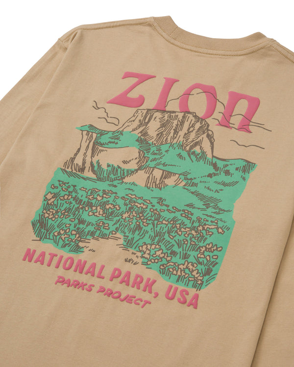 Shop Zion Puff Print Long Sleeve Tee Inspired By Zion National Park | khaki