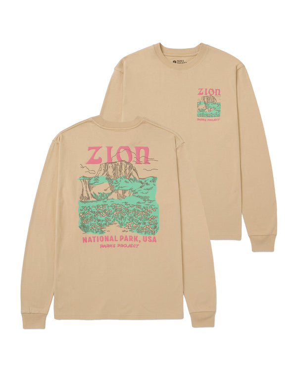 Shop Zion Puff Print Long Sleeve Tee Inspired By Zion National Park | khaki